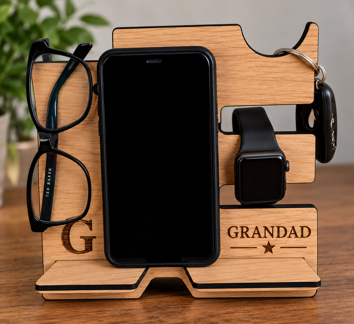 Personalised oak veneered Phone & Accessory Organiser