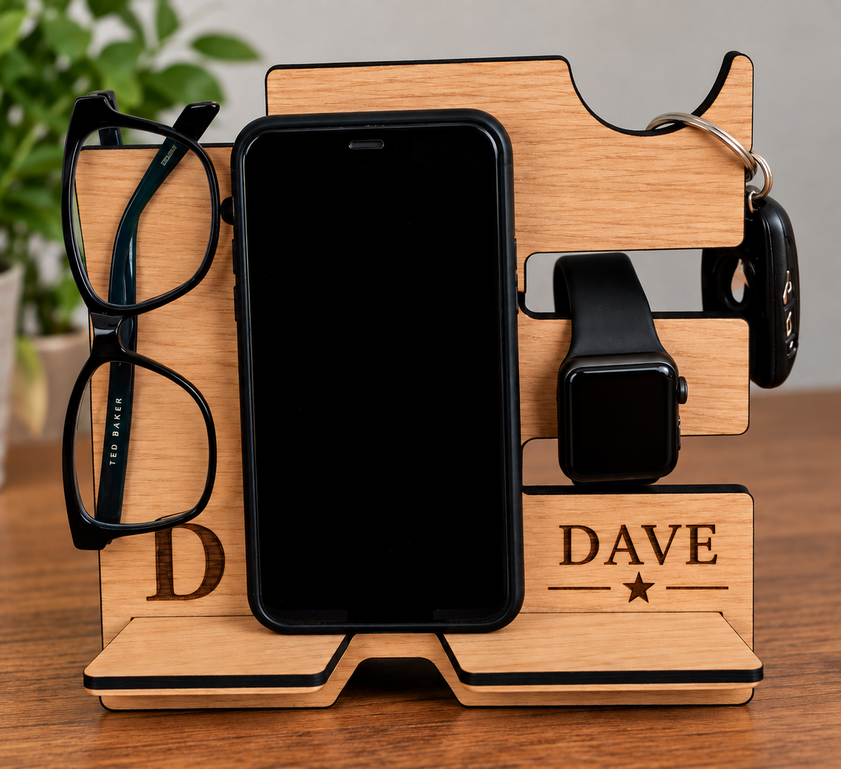 Personalised oak veneered Phone & Accessory Organiser