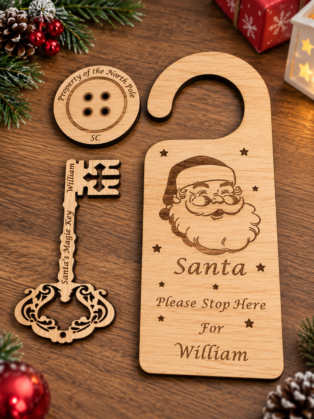 Personalised oak veneer Santa Magic Key & Door Hanger Set