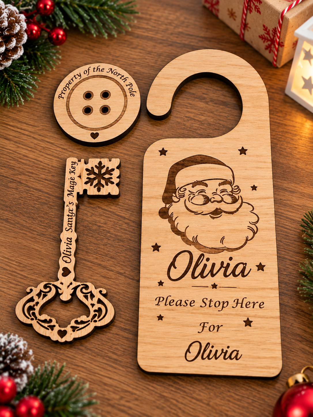 Personalised oak veneer Santa Magic Key & Door Hanger Set