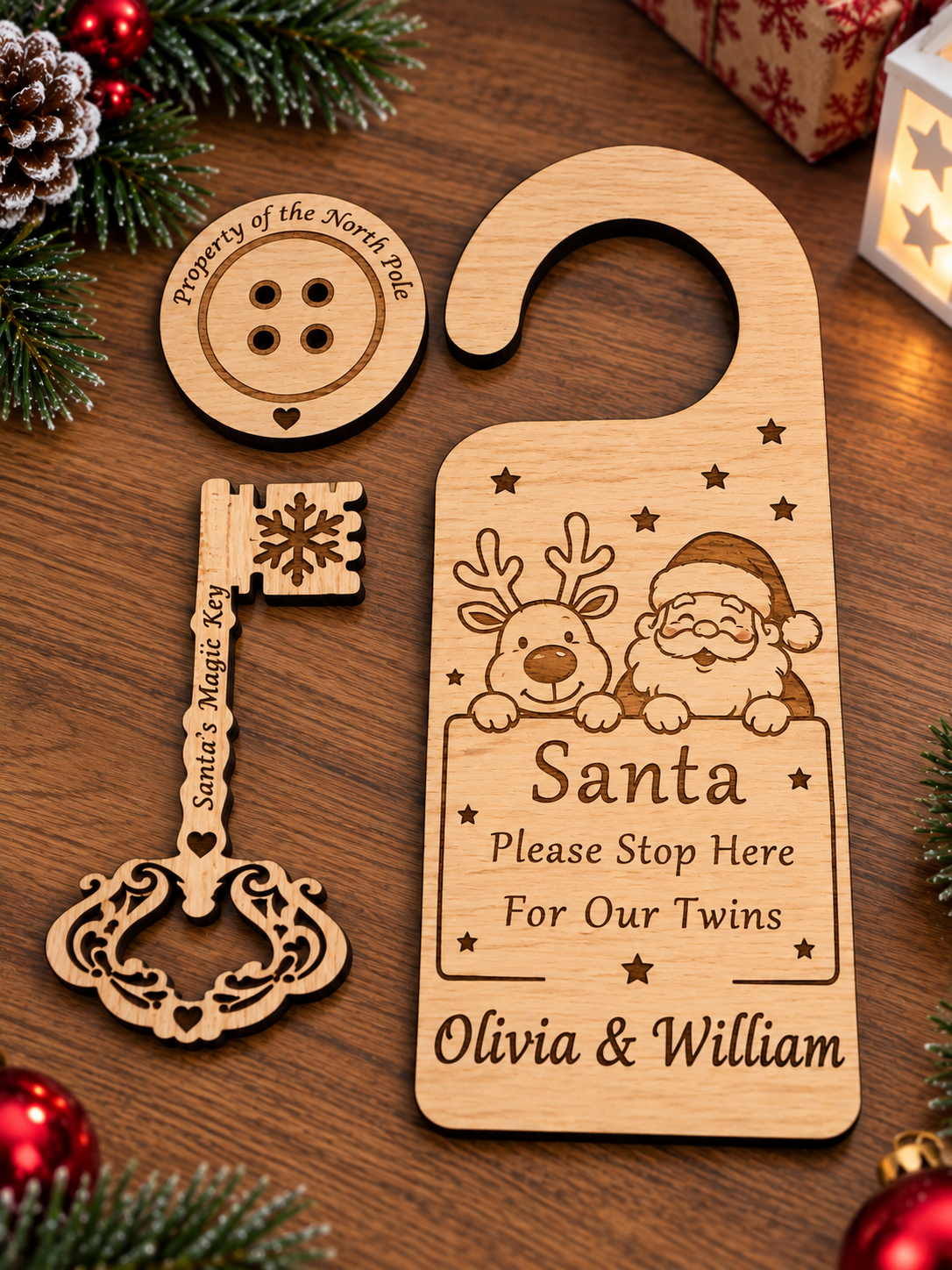 Personalised oak veneer Santa Magic Key & Door Hanger Set