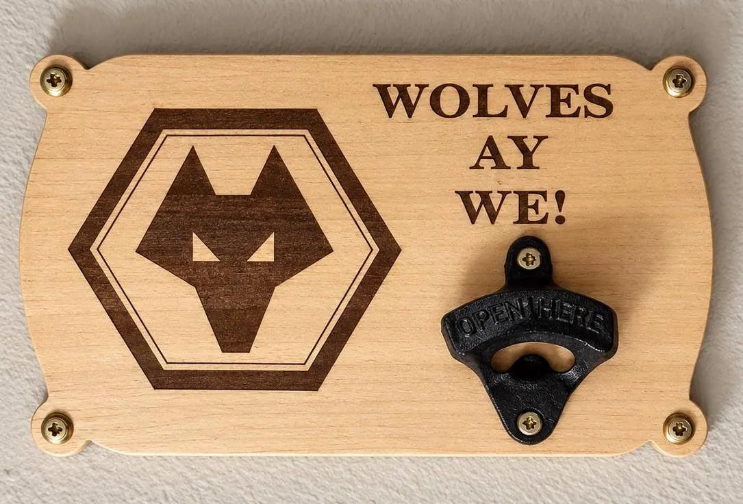 Personalised wall mounted bottle opener in Oak veneer