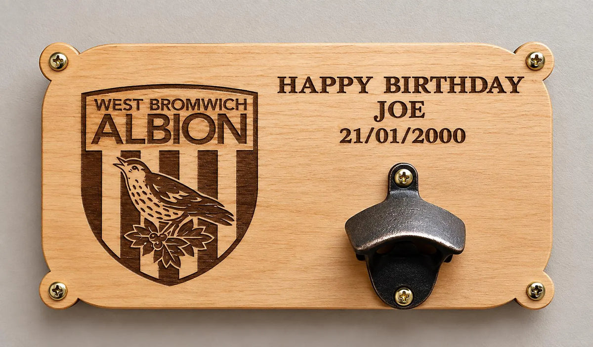 Personalised wall mounted bottle opener in Oak veneer