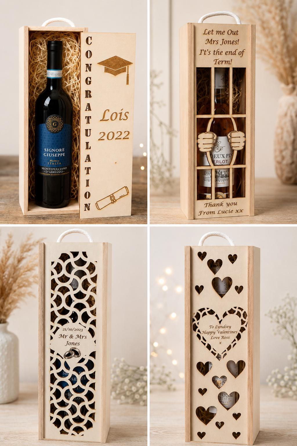 Personalised wooden wine gift boxes